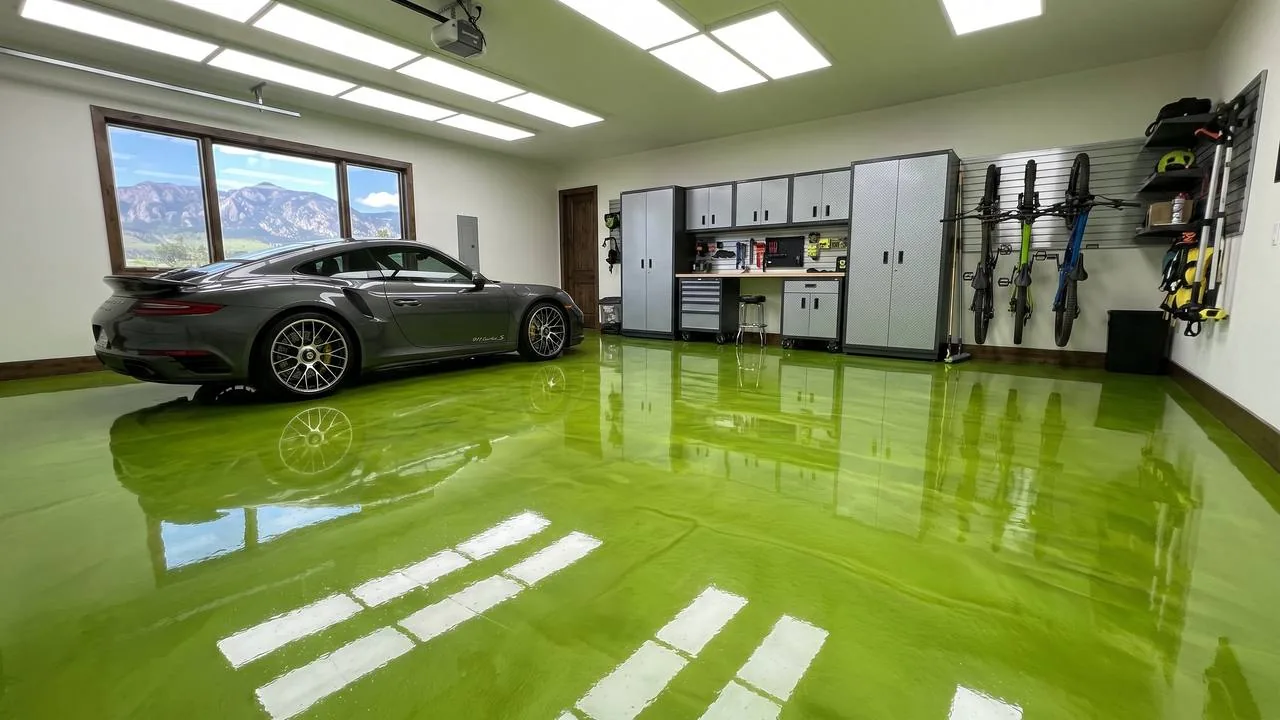 Professional epoxy flooring installation in a Nashville Tennessee garage, metallic finish being applied