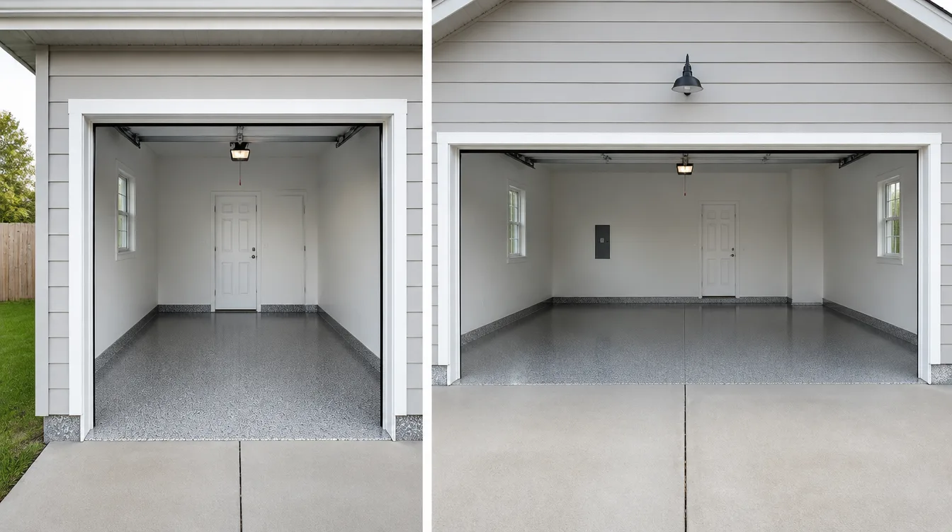 Split comparison of a Nashville 1-car garage and a 2-car garage side by side with matching grey flake epoxy floors