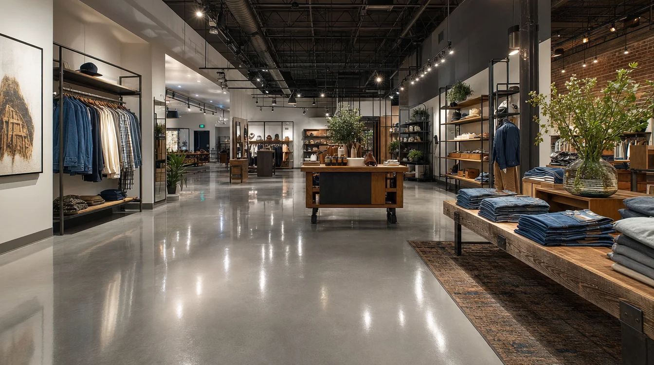 Modern Nashville retail store interior with glossy gray epoxy floor reflecting overhead lighting
