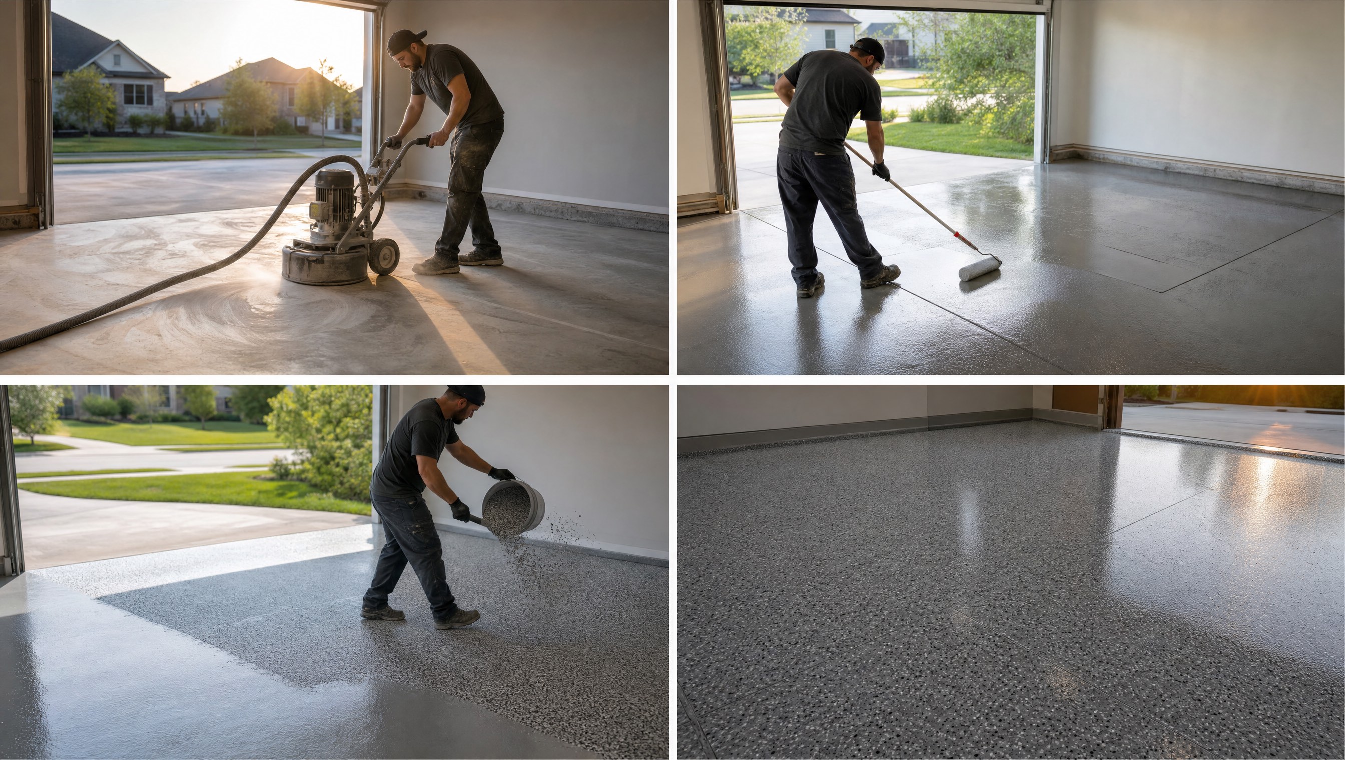 Four-panel documentary sequence showing Nashville epoxy floor installation from grinding to finished floor