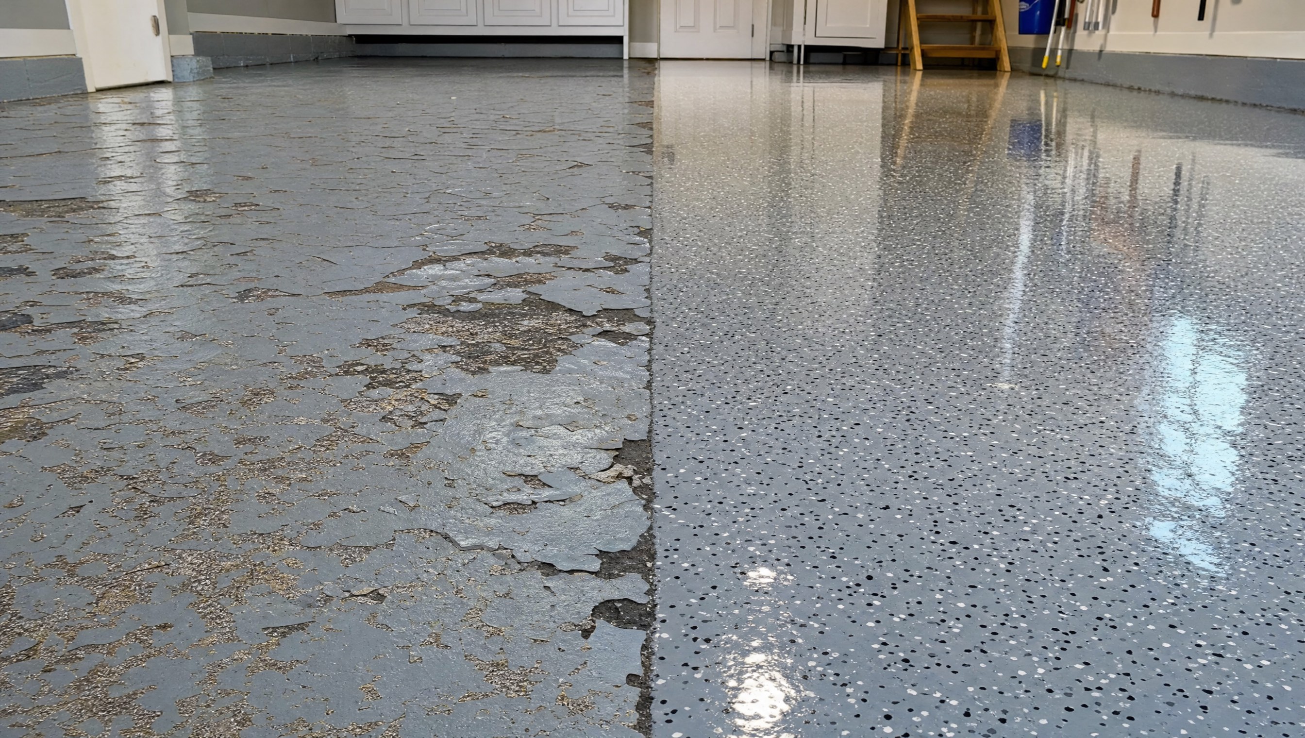 Contrasting Nashville garage floors showing peeling epoxy failure versus pristine warranty-backed installation