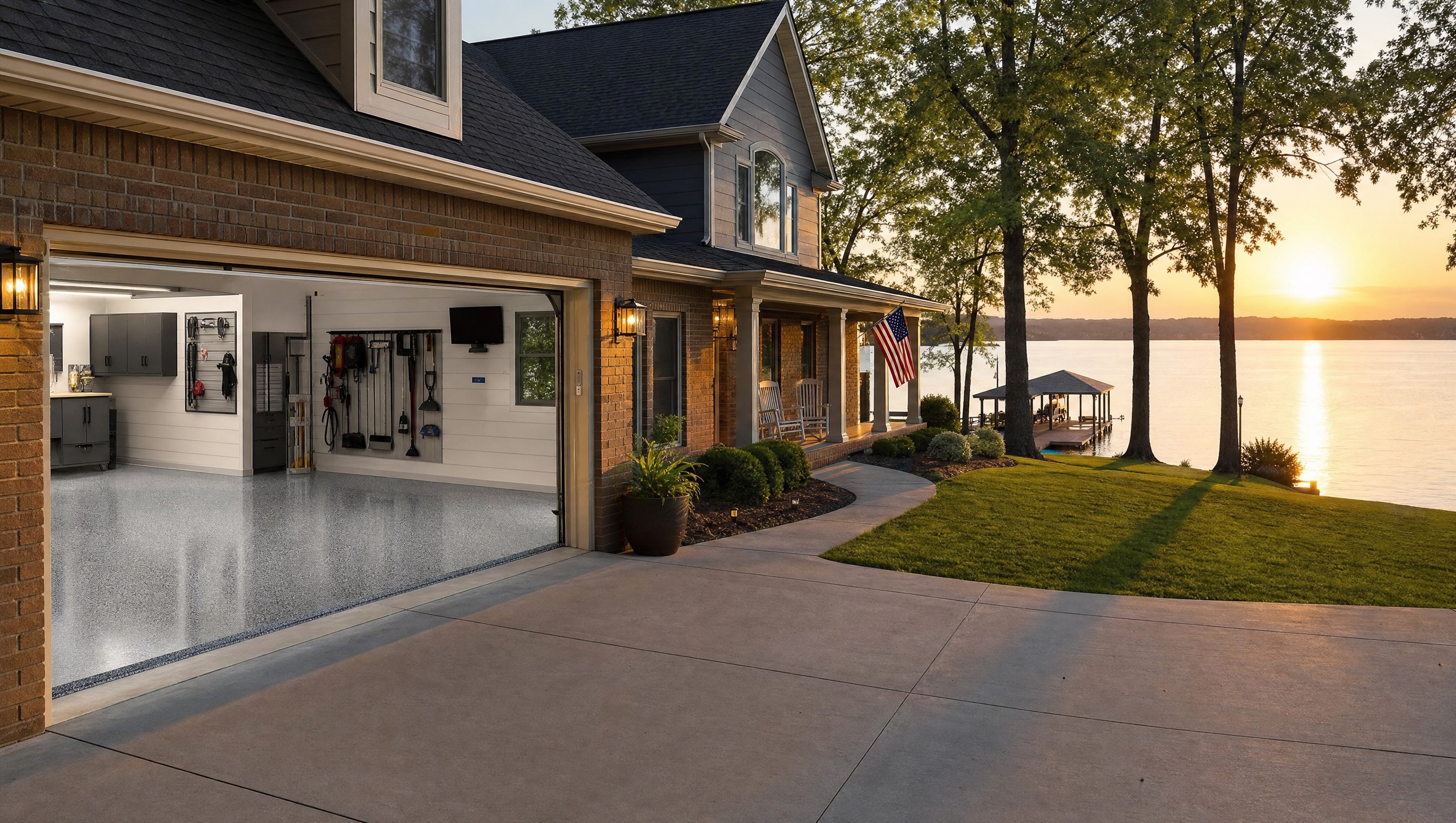 Hendersonville Tennessee lakefront property on Old Hickory Lake with granite-gray epoxy garage floor