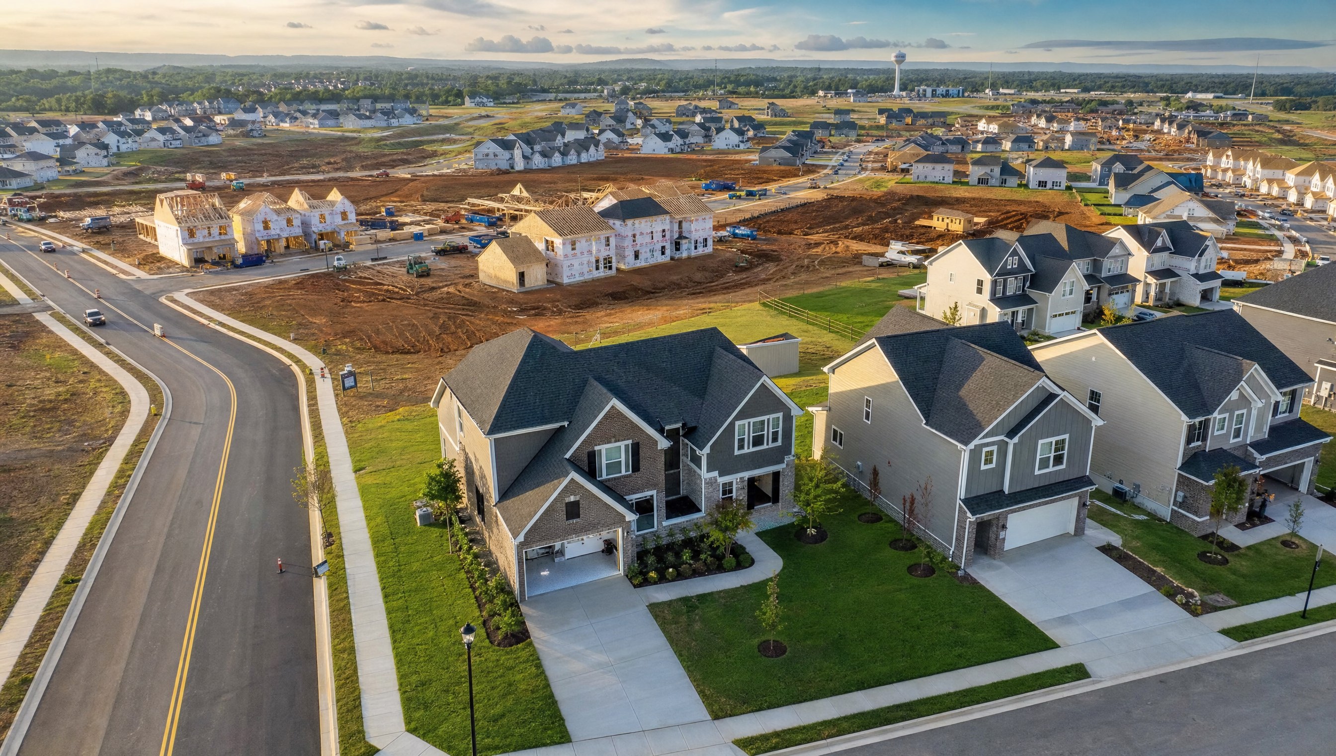 Aerial view of Murfreesboro Tennessee new construction subdivisions showing Rutherford County growth