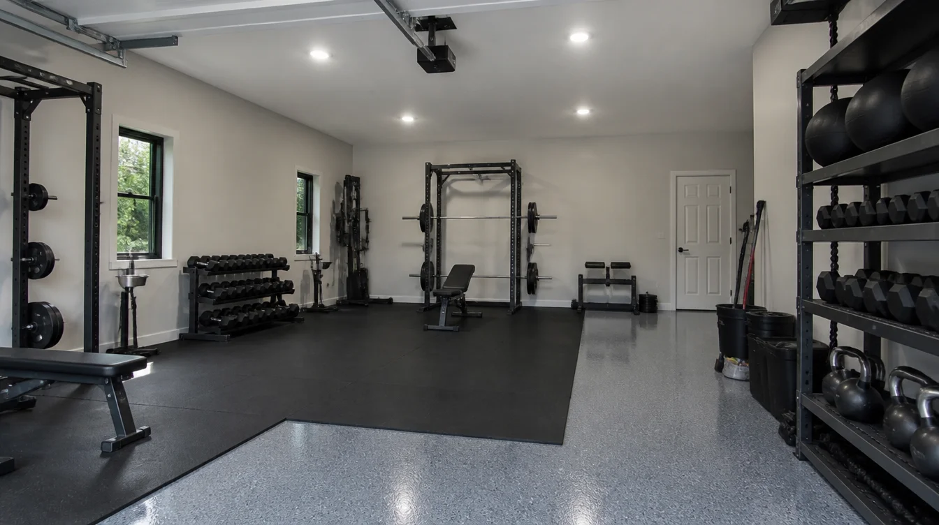Converted Nashville garage home gym with grey epoxy floor partially covered by black rubber gym mats and weight equipment