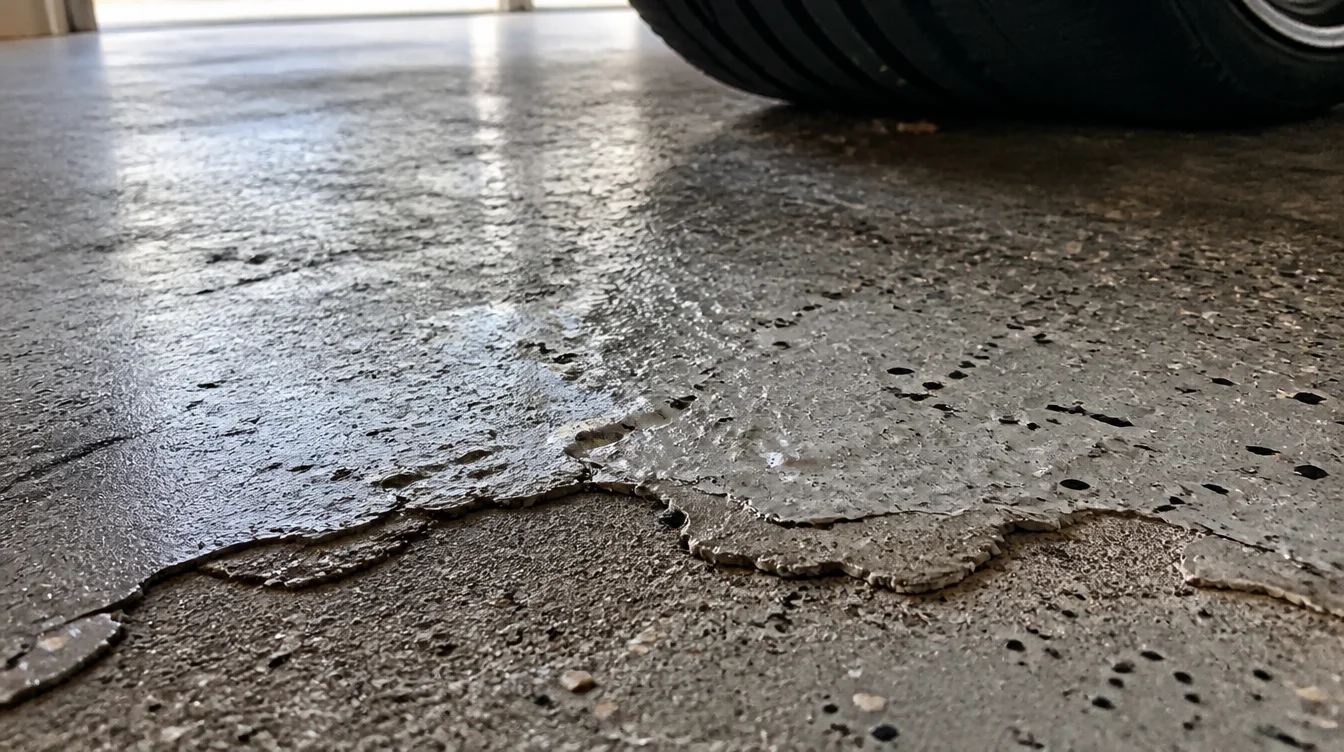 Close-up of bubbling and lifting damage on a Nashville garage epoxy floor under a car tire