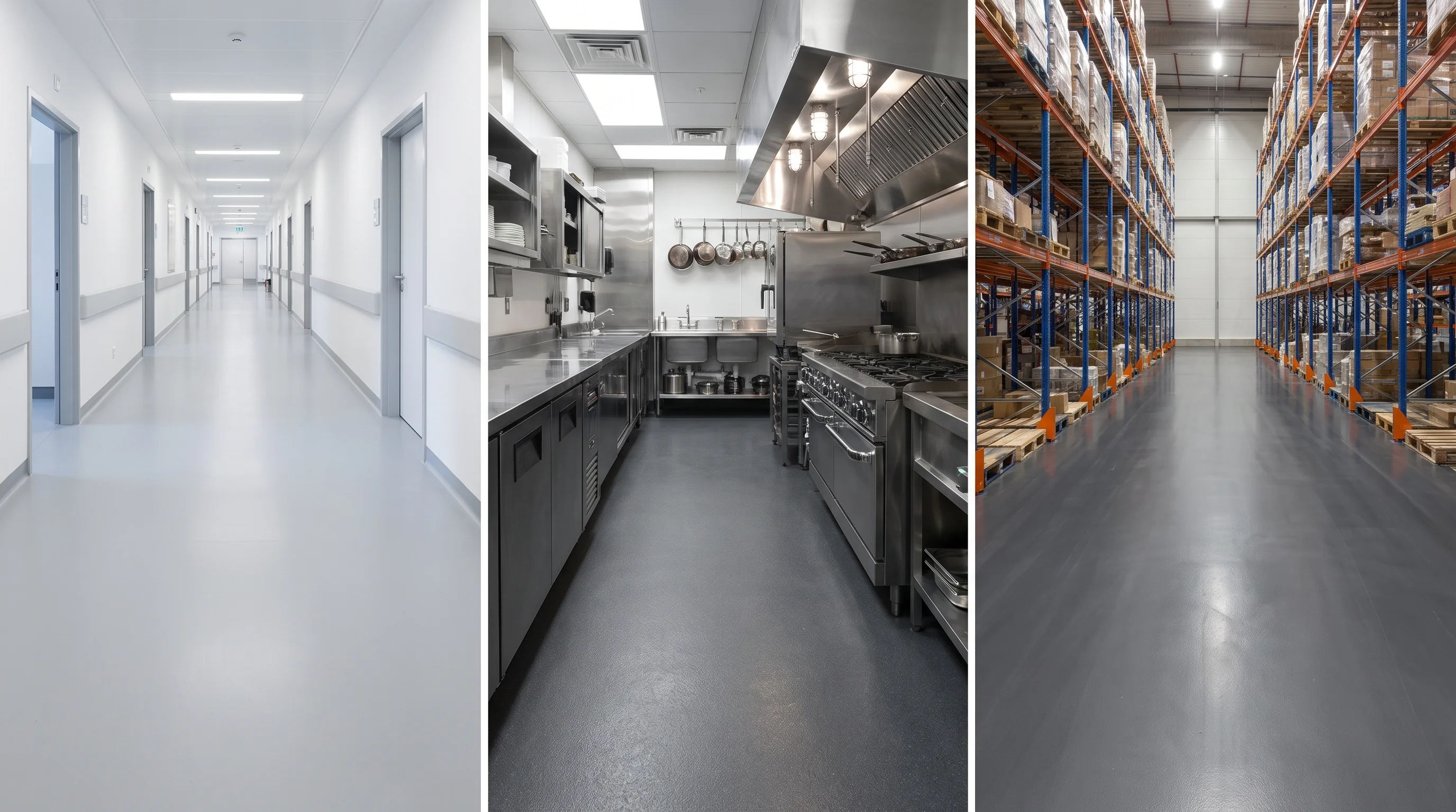 Triptych of Nashville epoxy floor applications: hospital corridor, restaurant kitchen, and warehouse aisle, all with seamless grey epoxy floors