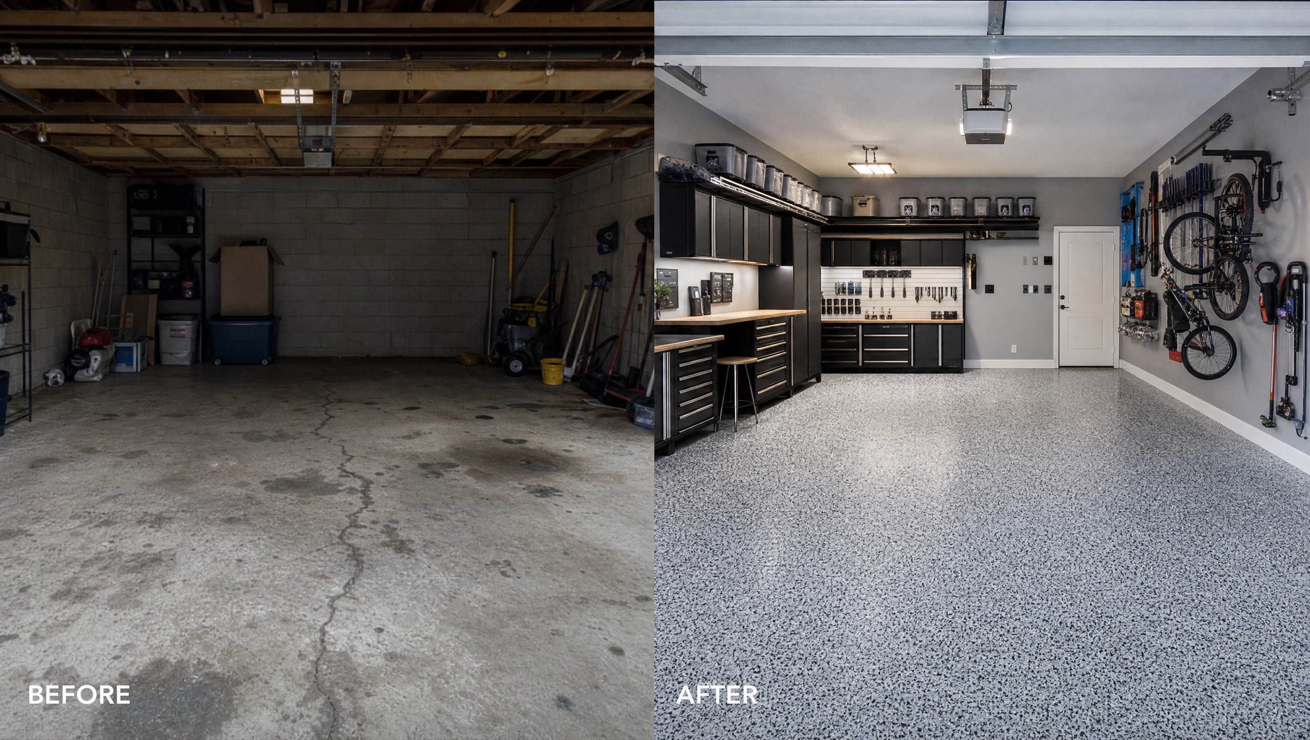 Before and after Nashville garage showing bare cracked concrete transformed into organized epoxy floor workshop