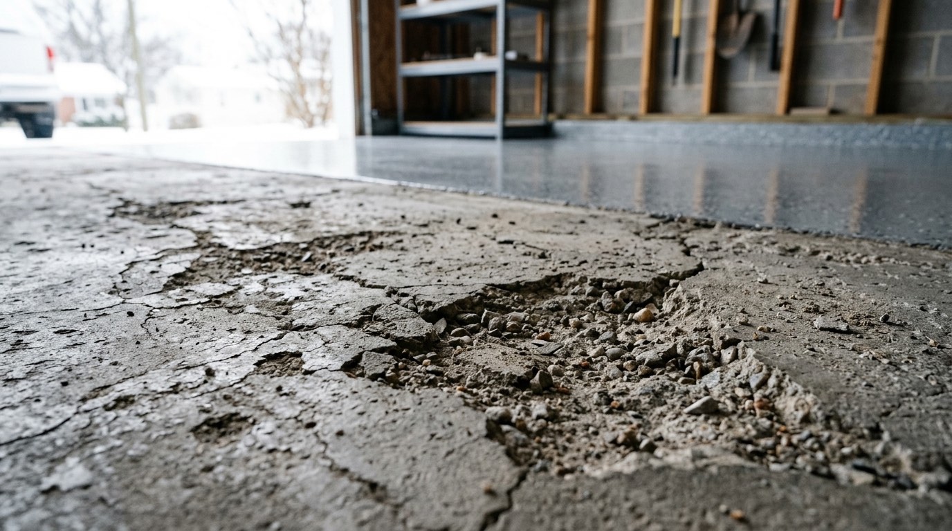 Close-up freeze-thaw damage Nashville concrete garage floor map cracking spalling pitting from winter cycles