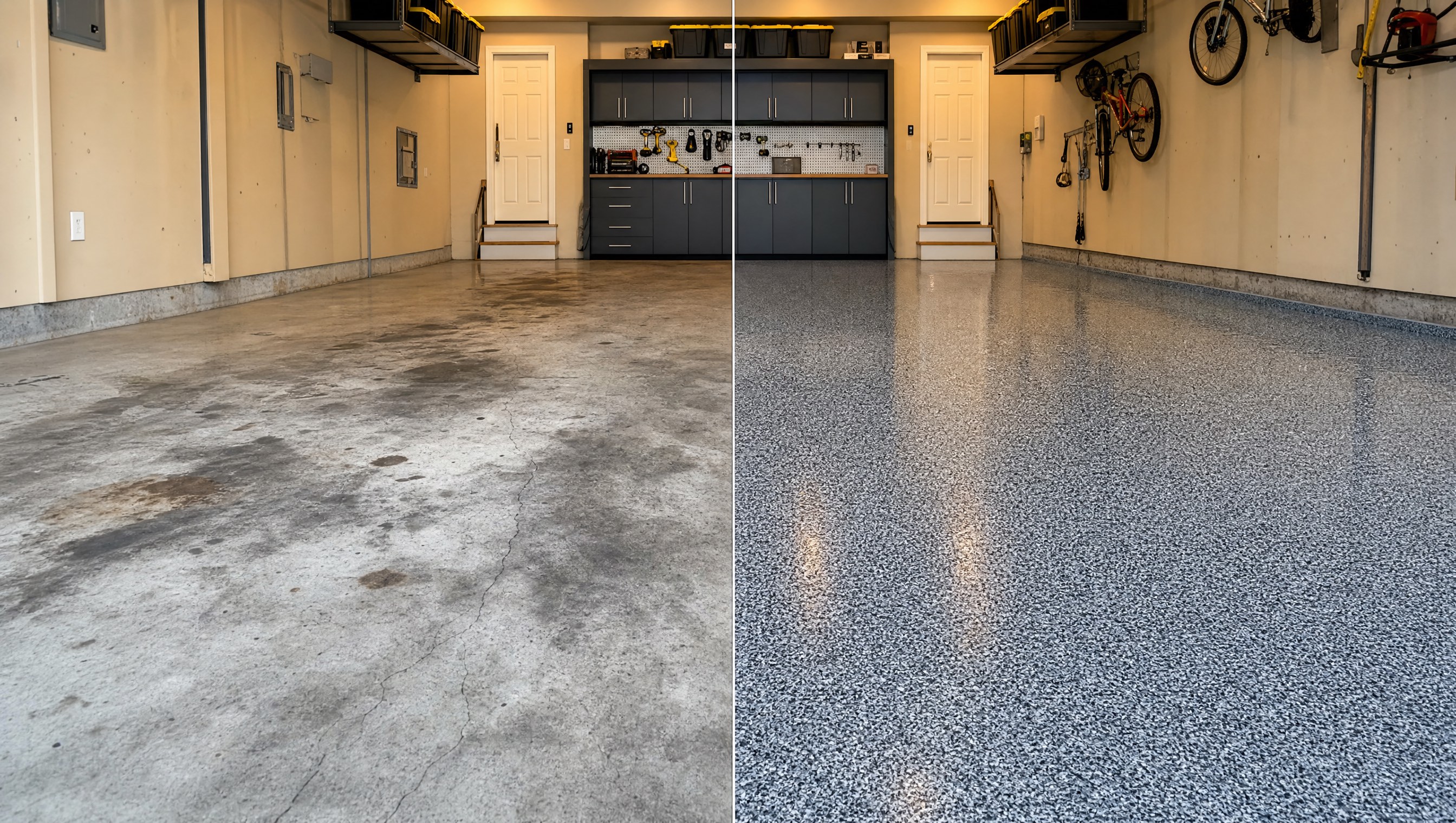 Split before and after view of Nashville garage floor showing bare cracked concrete transformed into glossy granite gray epoxy