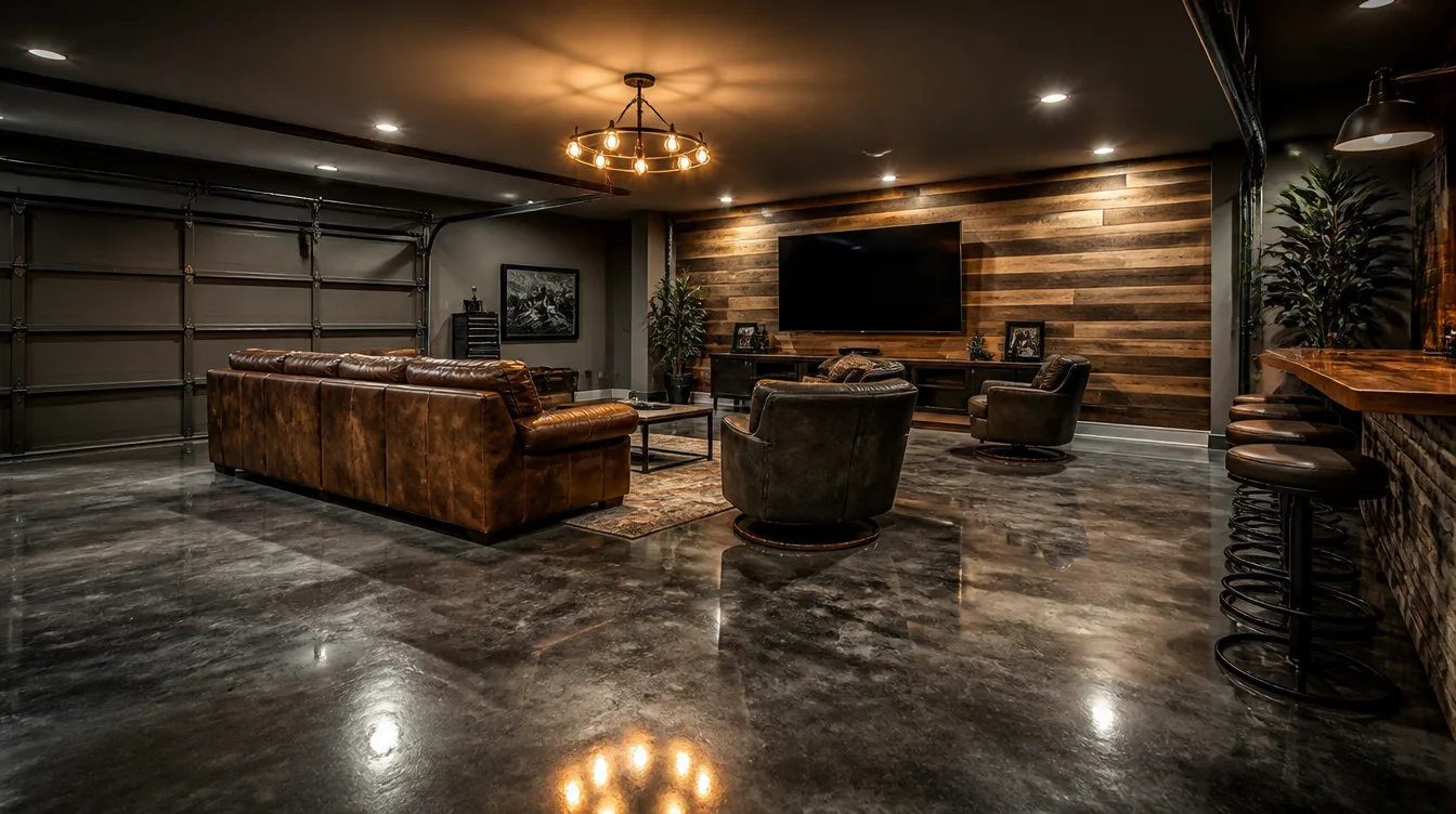 Converted Nashville garage man cave with dark metallic epoxy floor, leather seating area, and TV setup
