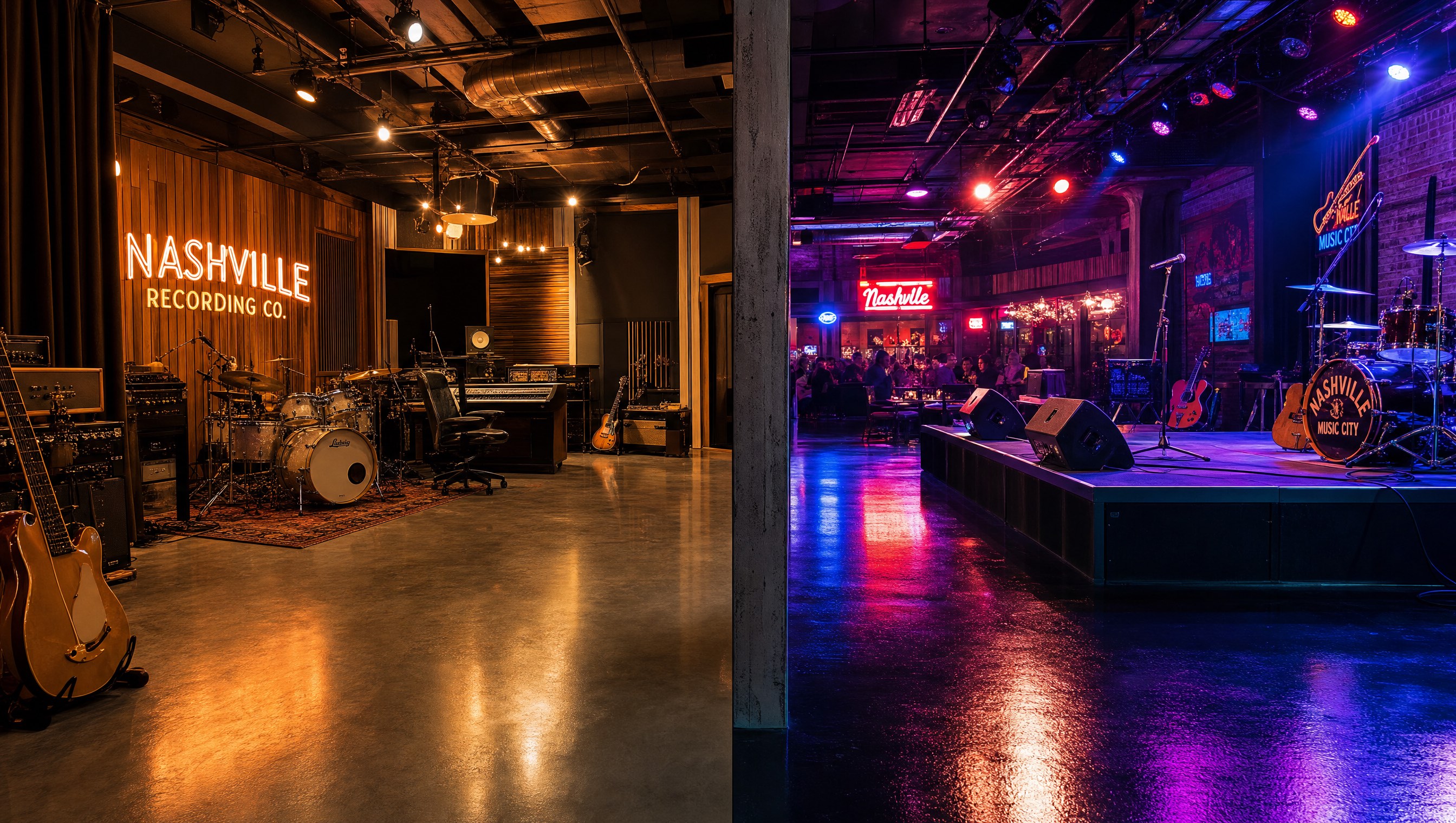 Nashville recording studio and live music venue split view showing sealed concrete and epoxy floors