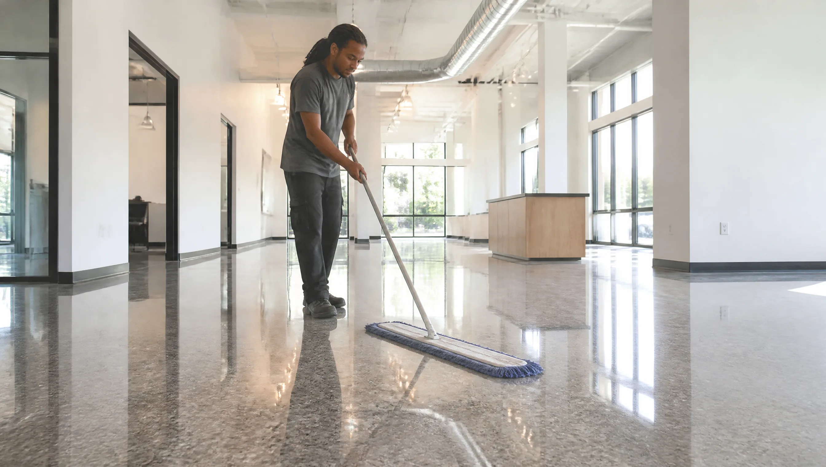 Worker dust-mopping a glossy Nashville polished concrete floor in a bright commercial space