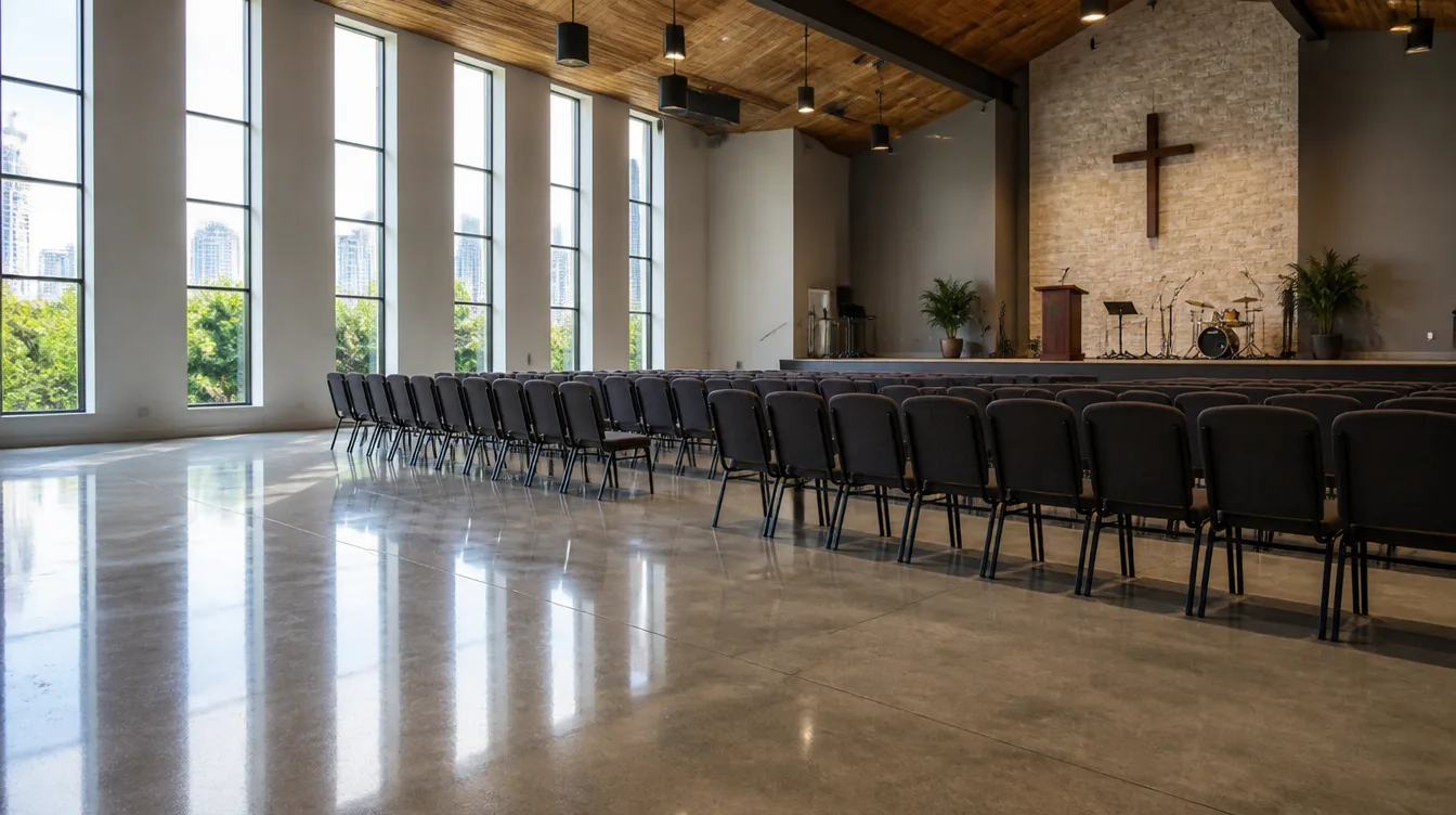 Modern Nashville church sanctuary with polished concrete floor reflecting natural light from tall windows