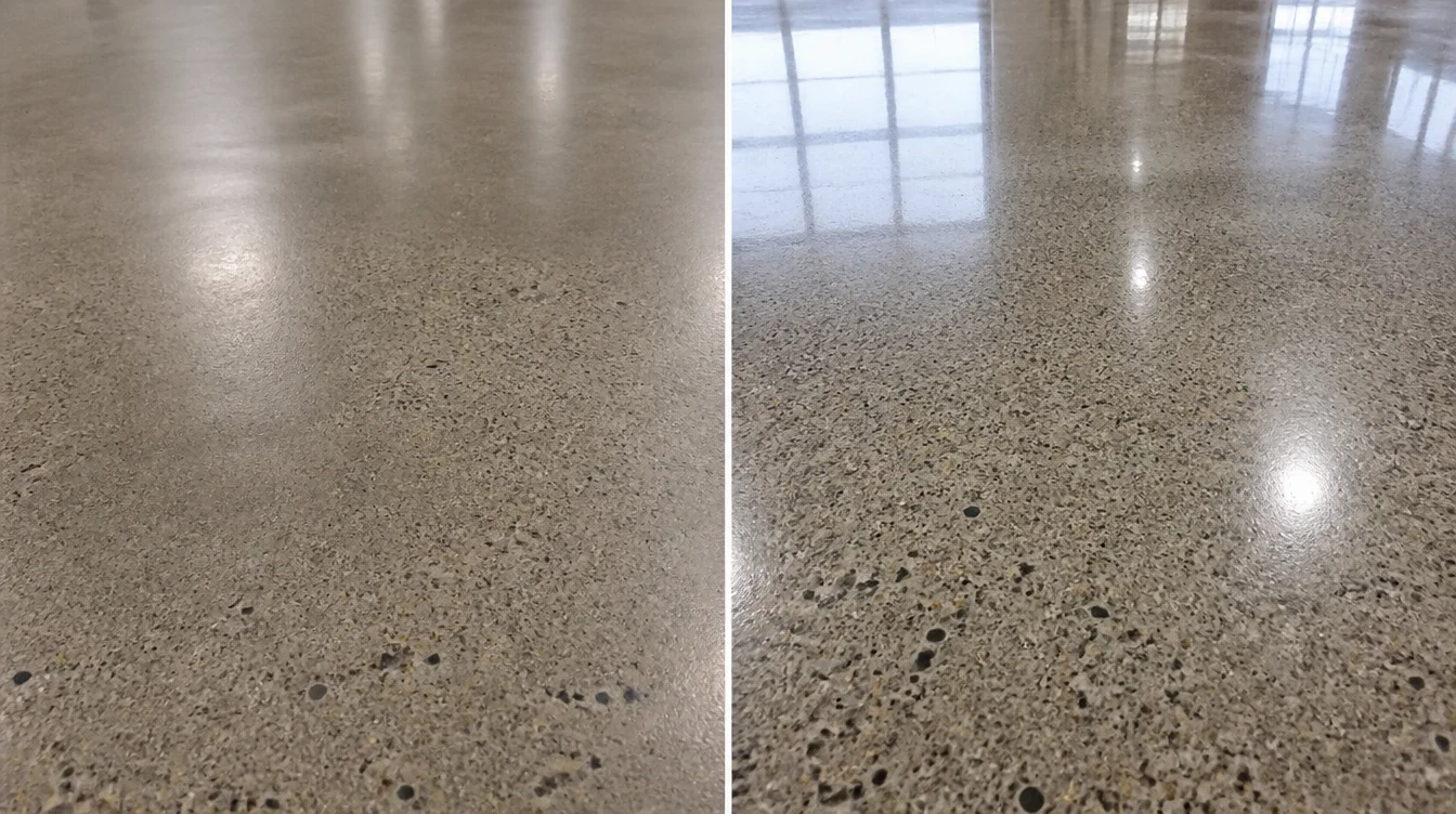 Split comparison of two Nashville polished concrete floor samples showing satin matte finish and high-gloss mirror finish