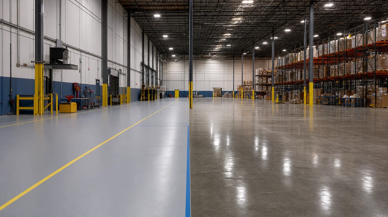 Split composition of a Nashville warehouse showing grey epoxy floor with safety lines on the left and polished concrete floor on the right