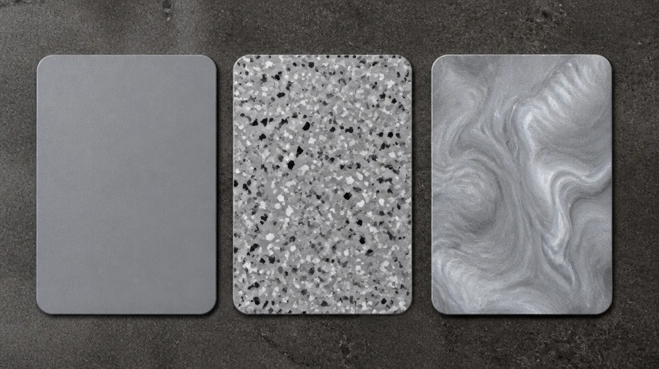 Polyaspartic floor color sample chips showing solid gray, flake blend, and silver metallic marble options