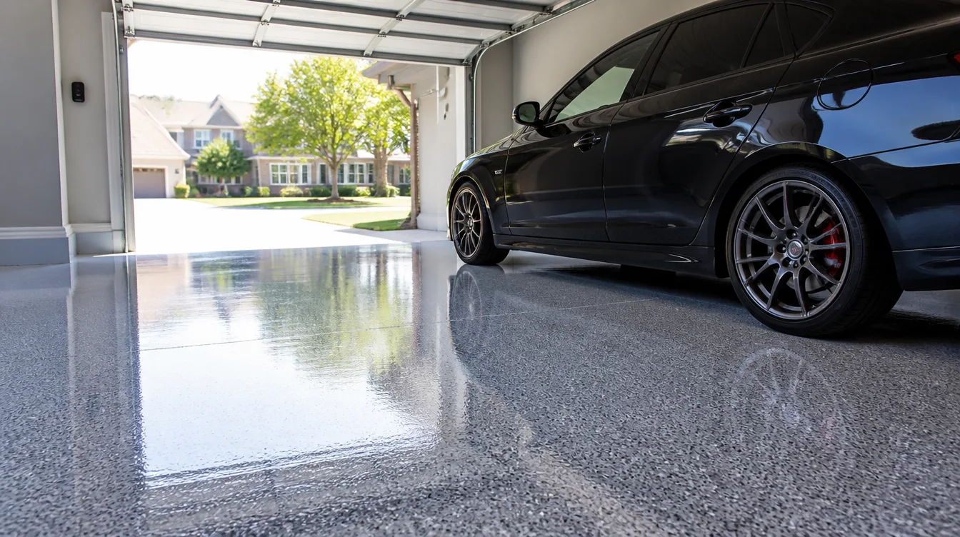 Finished Nashville garage floor with high-gloss polyaspartic topcoat and car parked inside