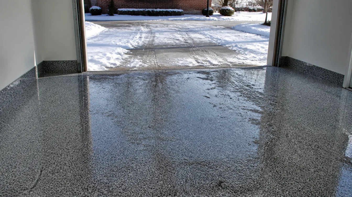 Nashville garage floor with epoxy coating showing snow melt and tire tracks near the open door in winter