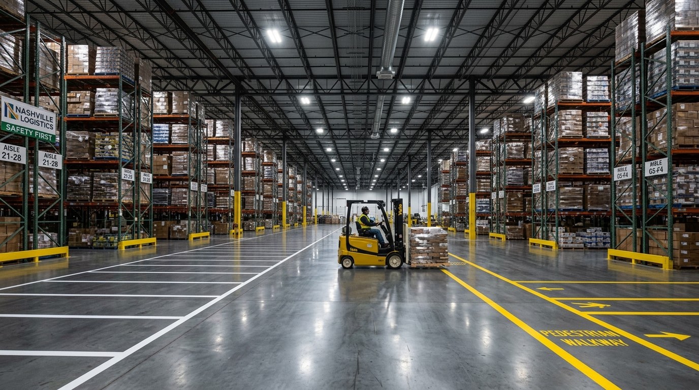 Nashville warehouse grey epoxy floor yellow pedestrian lanes white storage zones forklift aisle